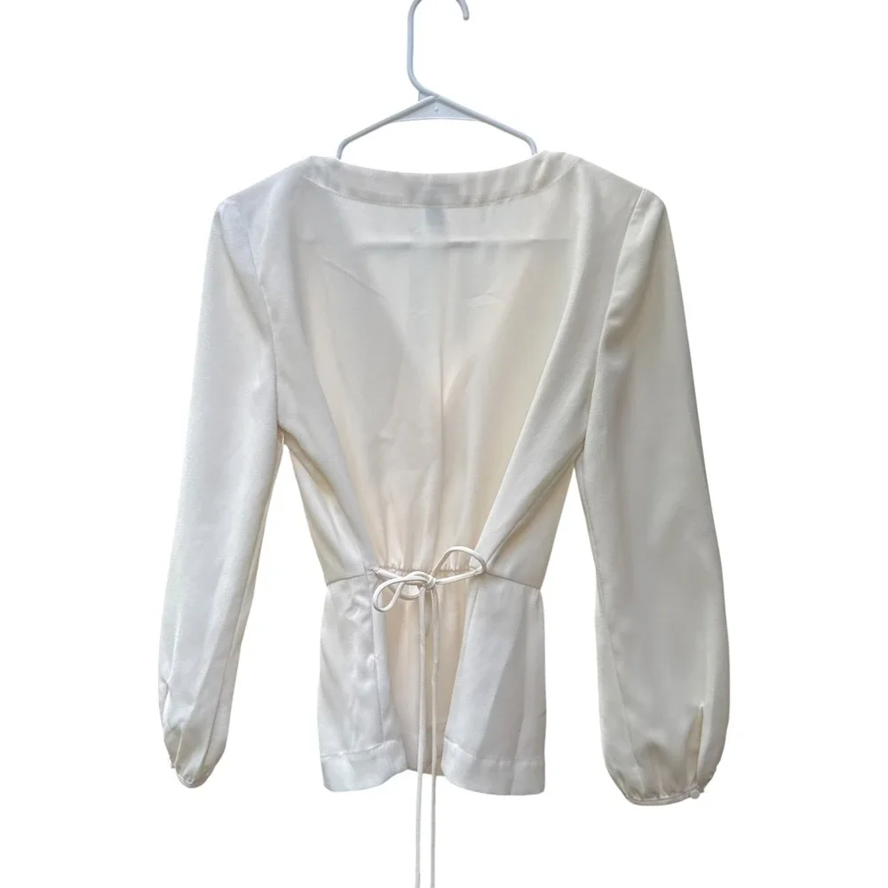 J.Crew Ivory Satin Wrap Blouse V Neck Long Sleeve Quiet Luxury Minimalist